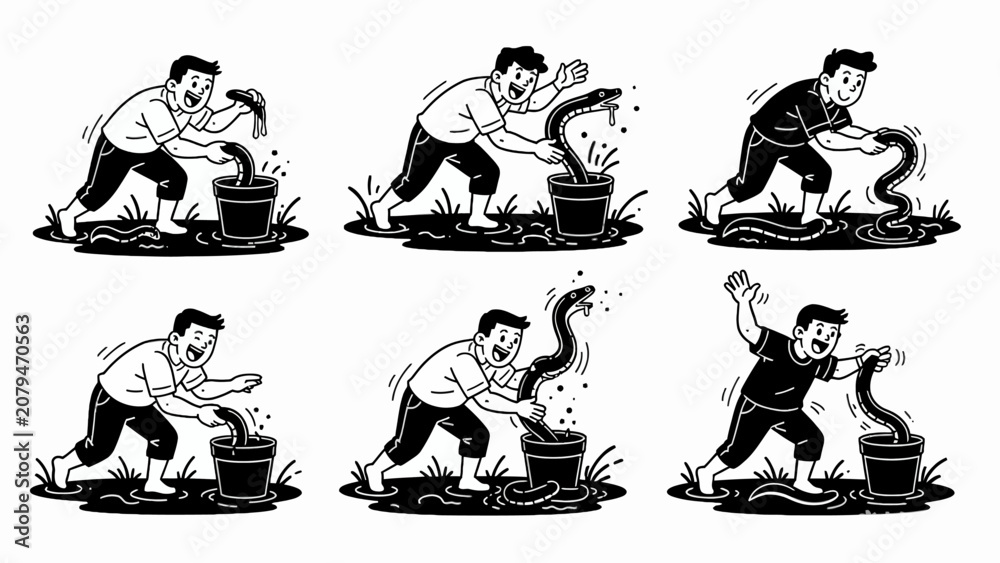 Obraz premium Man Pulling Eel From Bucket, Funny Comic Illustration, Dynamic Action