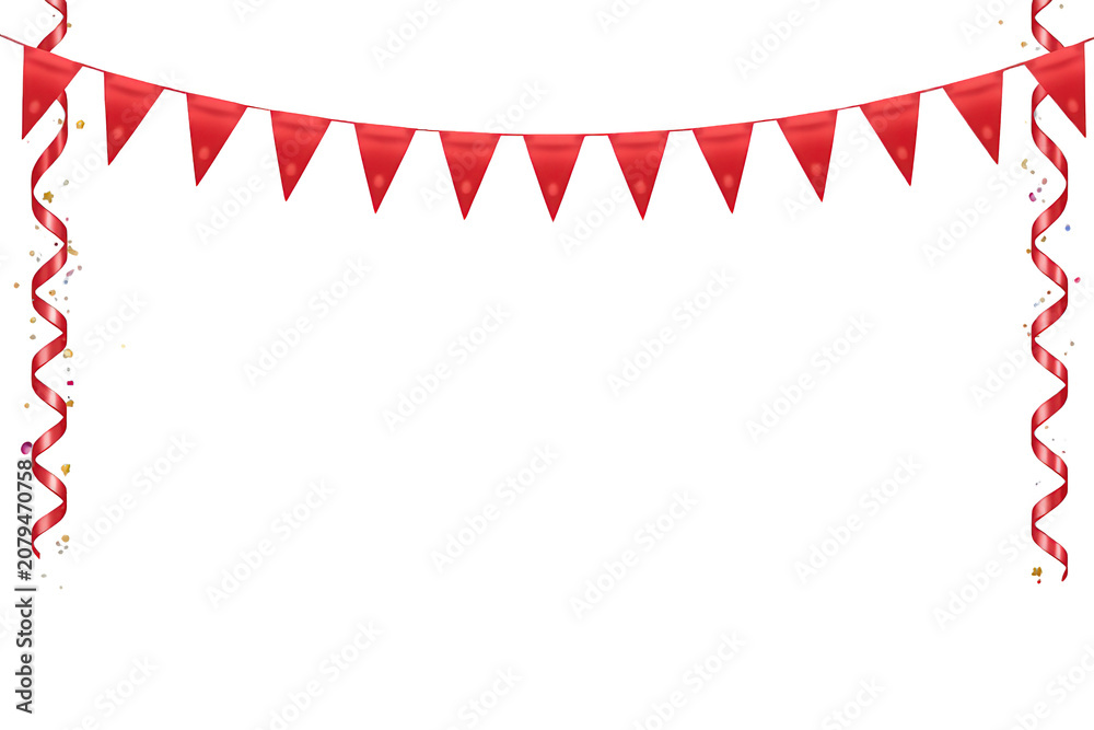 Obraz premium Red bunting flags and wavy streamers decorating for a celebration party with confetti, transparent background