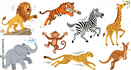 Photography Wild Safari Animal Cartoon Set with Lion, Tiger, Zebra, Giraffe, Elephant, Monke