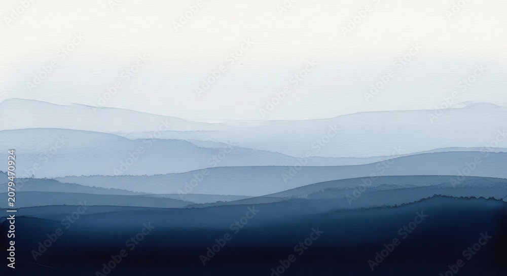 Fototapeta premium Abstract Blue Watercolor Landscape with Misty Mountain Layers for Minimalist Background Design