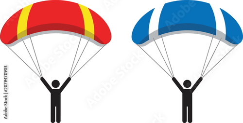 Quadro su tela Two paragliding stick figures skydiving in air with colorful red yellow and blue