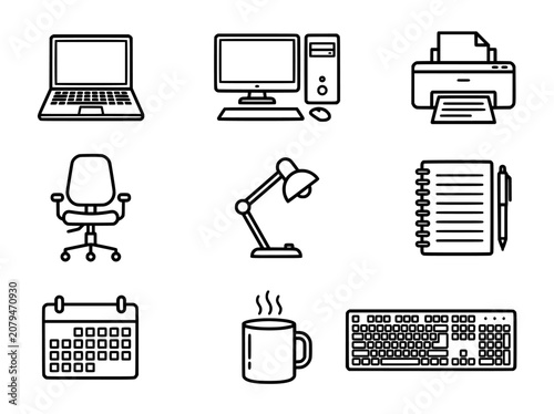 Computer monitor, desktop pc, printer, and office icons set with line art style for technology and productivity concept illustration