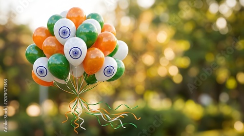 Indian Tricolor Balloons with Ashoka Chakra Floating in Garden Celebration