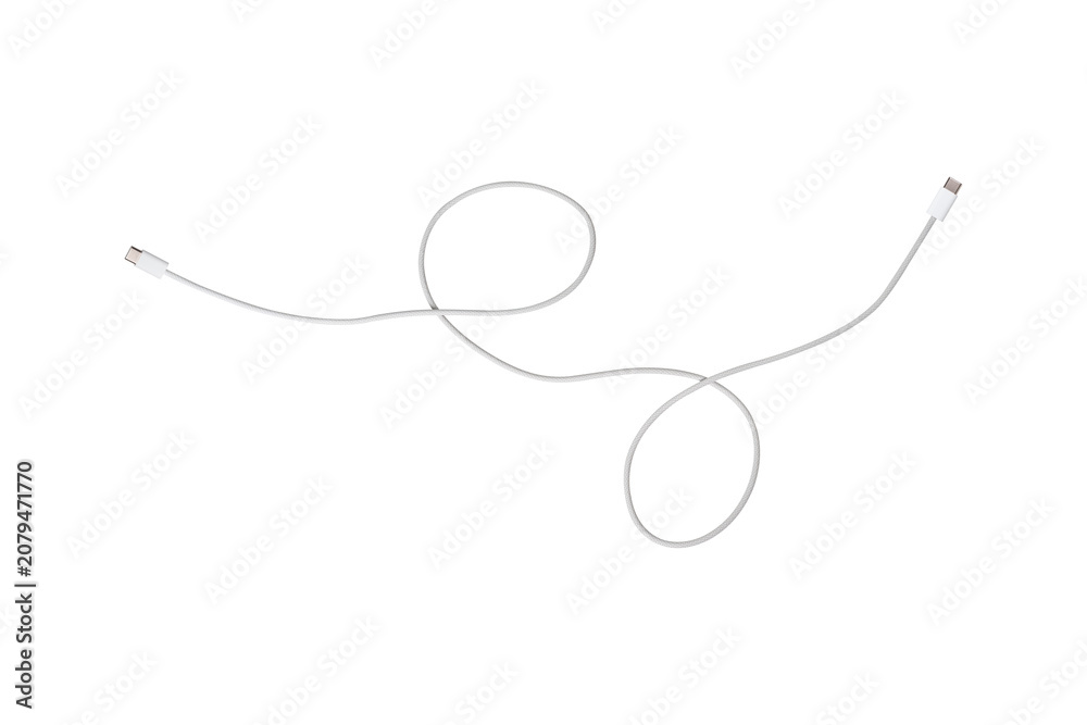 Obraz premium A white fabric-braided USB Type-C cable isolated on a transparent background. Ideal for concepts related to business technology, data transfer, connectivity and fast charging for modern devices.