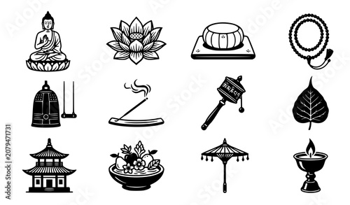 Vászonkép Buddhism and Buddhist Culture Icon Set featuring Buddha Statue, Lotus, Meditatio