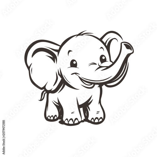 Cute baby elephant cartoon illustration, adorable smiling animal line art, playful happy pachyderm graphic design element