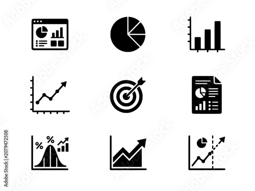 Icons representing business analytics and financial growth with charts, graphs, and target symbols featuring icon, chart, graph with finance and arrow elements