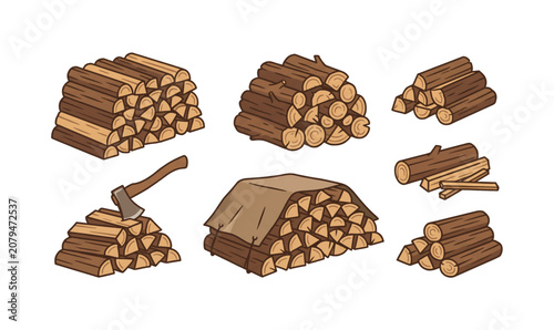 Collection of Wooden logs stacked in piles.