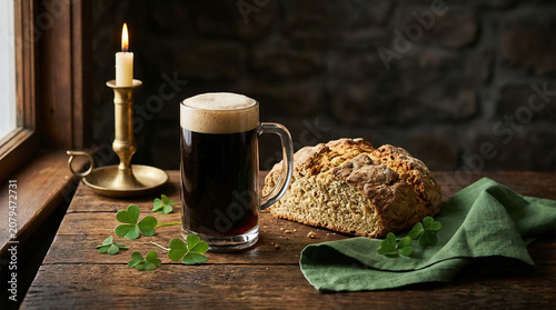 Rustic pint of dark beer with freshly baked bread and candlelight on a wooden table, creating a warm traditional tavern atmosphere.