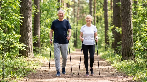Senior man and senior woman nordic walking on trail in green forest. Active elderly couple practicing fitness sport outdoor. Healthy retirement lifestyle, recreation and exercise.