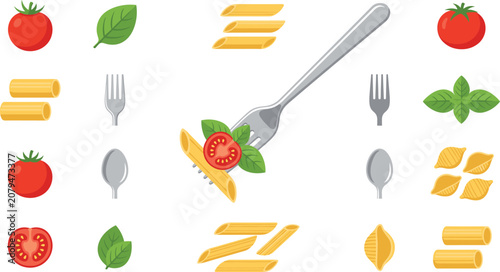 Foto Culinary cooking illustration collection with raw pasta shapes cherry tomato sli