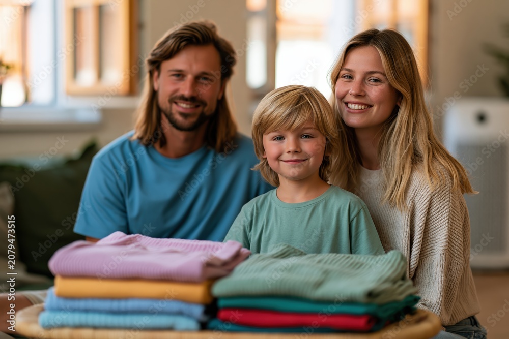 Obraz premium Family Folding Clean Laundry in Bright Living Room with Open Windows