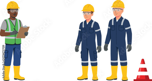 Quadro su tela Industrial construction workers set with supervisor holding clipboard and mechan
