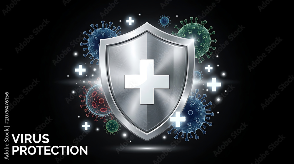 Fototapeta premium Metallic medical shield with cross icon defending against viral pathogens and infection risk