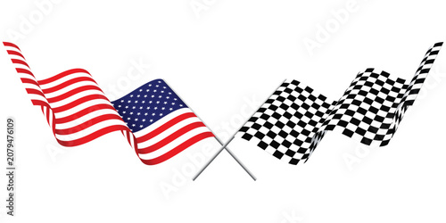 USA American Flag and Racing Checkered Flag Crossed Waving Flags Vector Illustration Isolated