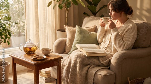 Embracing serene comfort in a sunlit living room, a woman finds peaceful relaxation, sipping warm tea and reading a book on a cozy afternoon