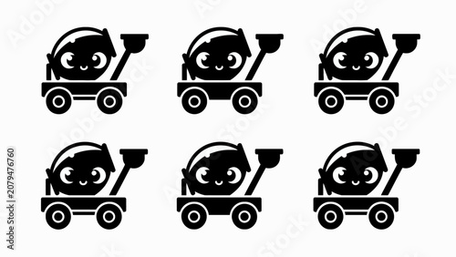 Cute Cartoon Cement Mixer Vehicle Character, Black and White Vector Icon Set