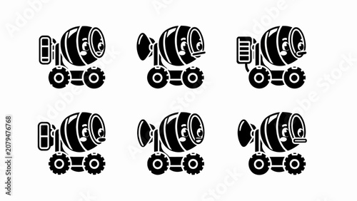 Cute Cement Mixer Character Set: Construction, Building, Cartoon, Vector Icons