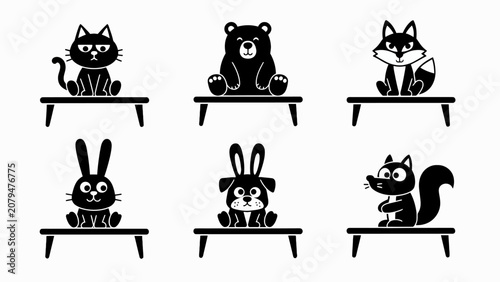Cute cartoon animals sitting on benches, black and white silhouettes, vector illustration
