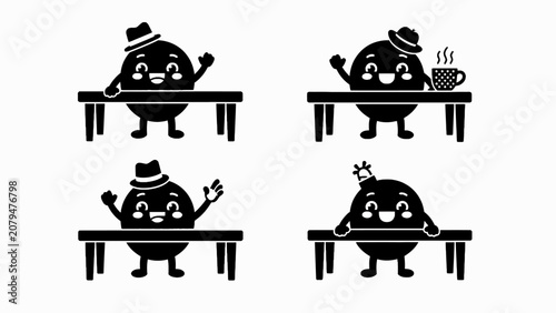 Cute Cartoon Characters at Desks with Hats and Coffee Cup, Black and White
