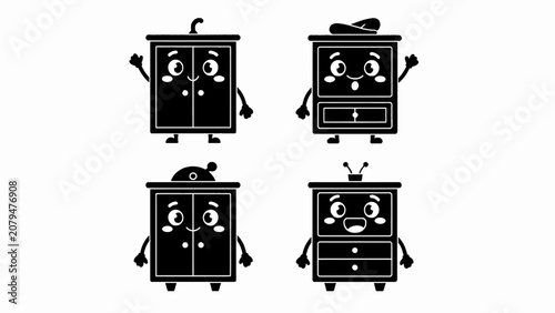 Cute Cartoon Wardrobe Characters with Faces and Arms, Funny Furniture Icons
