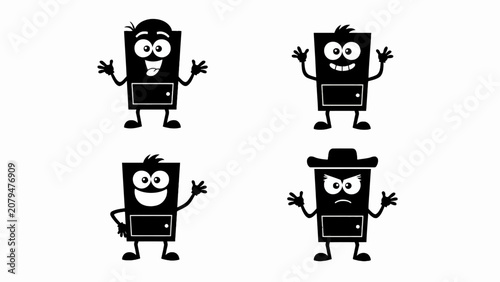 Funny Cartoon Trash Cans with Different Emotions and Expressions, Vector Silhouettes
