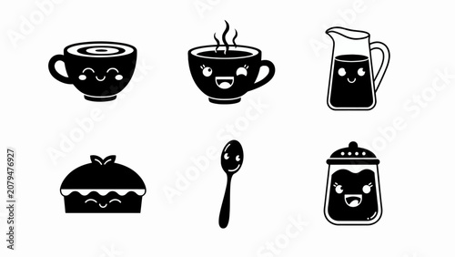 Cute Kawaii Coffee Break Icons: Cup, Pie, Spoon, Creamer, Sugar Pot