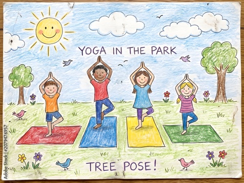 Cute childish crayon drawing of diverse kids doing yoga tree pose in the park