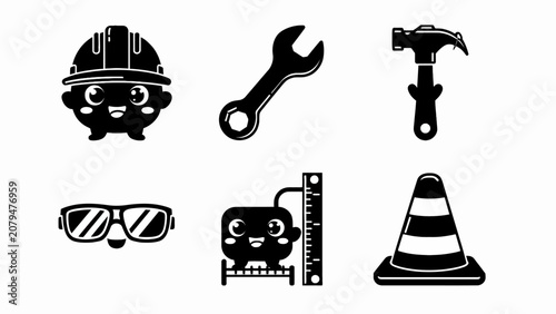 Cute Construction Tools Icons: Hard Hat, Wrench, Hammer, Goggles, Ruler, Cone