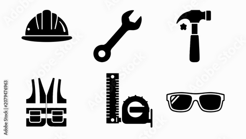 Construction worker safety gear and tools icons set, vector illustration
