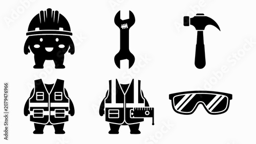 Cute Construction Worker Icons: Hard Hat, Tools, Safety Vest, Goggles