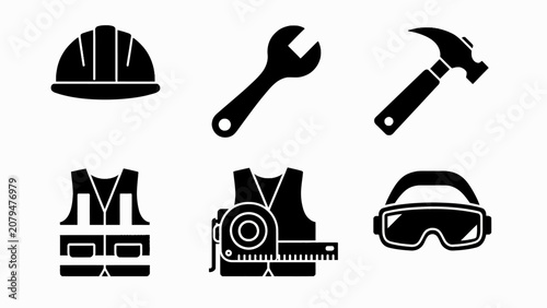 Construction Tools and Safety Gear Icons: Hard Hat, Wrench, Hammer, Vest, Tape Measure, Goggles