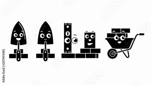 Cute Cartoon Construction Tools and Materials with Funny Faces