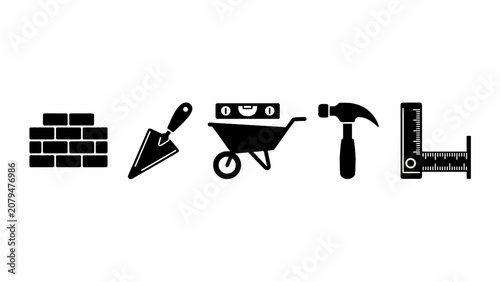 Construction Tools Icons Set: Brick, Trowel, Wheelbarrow, Hammer, Measuring Tape
