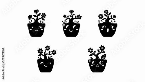 Cute Kawaii Potted Plants with Happy Faces - Black Silhouette Icons