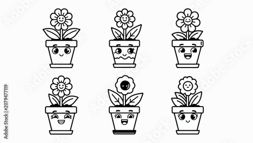 Cute Flower Pot Characters with Happy Faces: Vector Illustration Set
