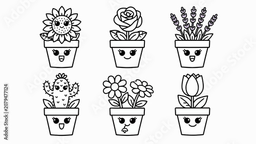 Cute Kawaii Potted Plants Collection, Hand-drawn Outline Vector Art