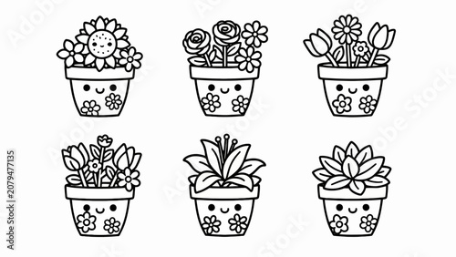 Cute Kawaii Flower Pots Collection: Hand-Drawn Vector Illustrations