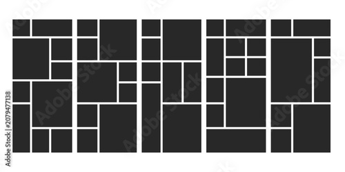 Square bento box layout template for photo galleries and presentations. Minimalist grid design with vertical geometric frames for modern collages and creative projects. Vector illustration.