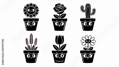 Cute Cartoon Potted Plants with Faces: Sunflower, Rose, Cactus, Lavender, Tulip, Daisy