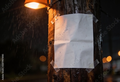 Blank white poster on wooden pole with street light on a rainy night