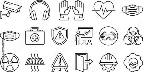 Photos Industrial workplace safety precautions and hazard protection line icon vector s