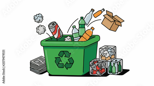 Recycling bin with assorted waste items being deposited