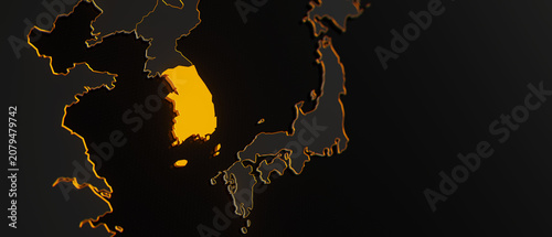 Quadro em tela Golden South Korea 3d map surrounded with other countries in black with golden borders and shallow dof