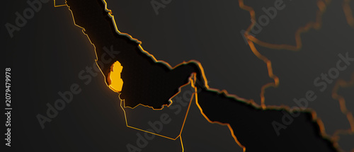 Fotografie Golden Qatar 3d map surrounded with other countries in black with golden borders and shallow dof