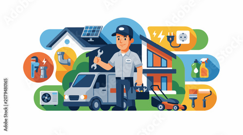 Home repairman with tools van and house services
