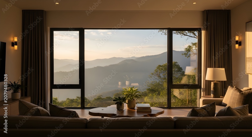 Fototapeta premium Cozy living room interior with large window overlooking serene mountain landscape at sunset