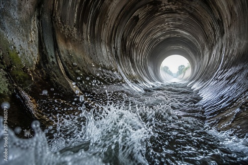 Water flowing through dark concrete drainage pipe tunnel with drainage concrete infrastructure