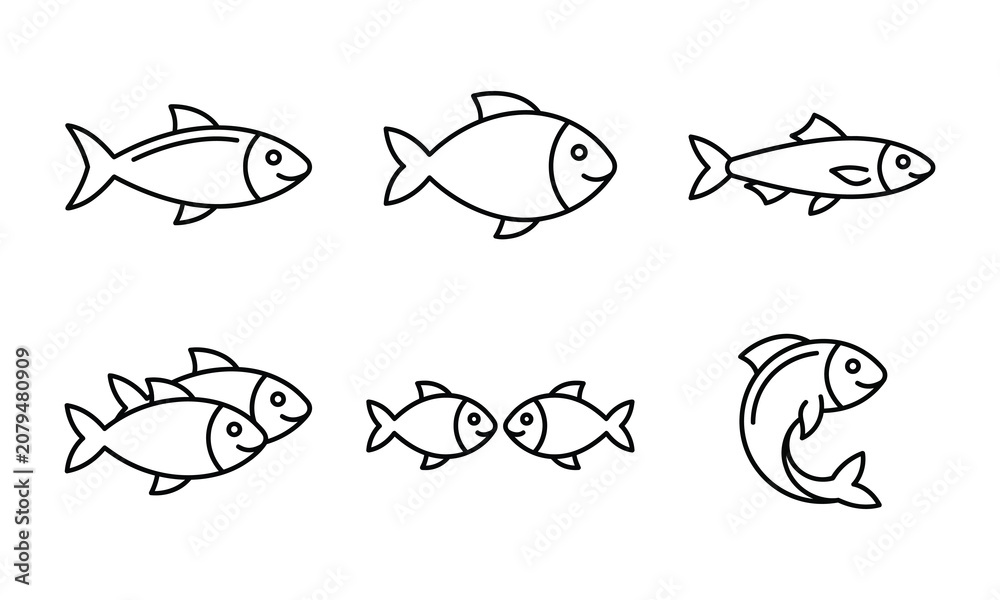 Obraz premium Silhouette of various cartoon fish in different swimming positions