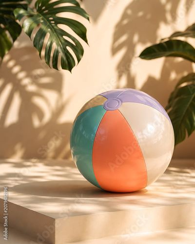 Colorful beach ball on a wooden pedestal with tropical palm leaf shadows